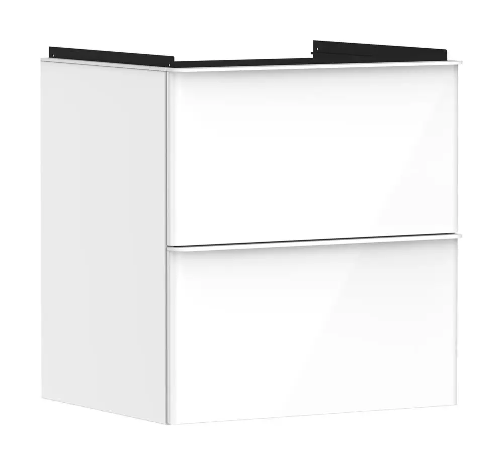 Weißer Waschtischunterschrank mit zwei Schubkästen, verchromtem Griff und schwarzem Oberteil, geeignet für die Montage unter einem Waschbecken der Marke Hansgrohe.